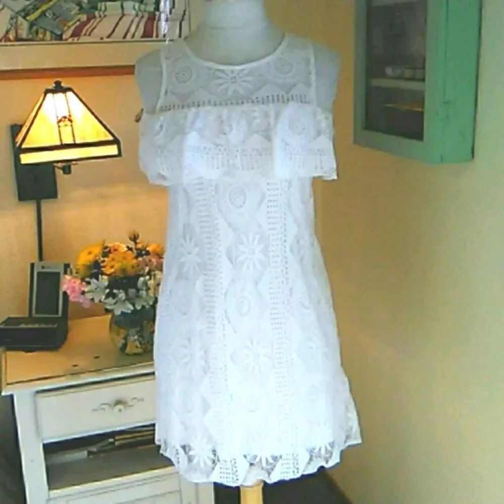 White Lace Dress with Off Shoulder Ruffled Sleeves